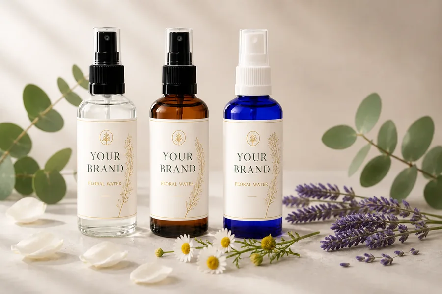 Clear, amber, and cobalt-blue private label floral water bottles with custom branding options