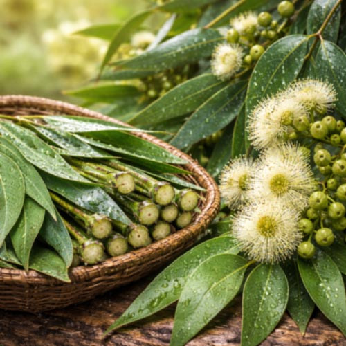 Eucalyptus Globulus (Eucalyptus globulus) leaves and flowering branches harvested in China, illustrating the botanical source used in the production of eucalyptus globulus essential oil. This image represents eucalyptus oil supplied by West Coast Aromatics for aromatherapy, respiratory blends, personal care formulations, and large-scale manufacturing, available from small orders to bulk quantities.