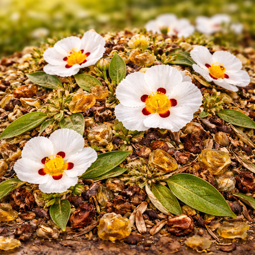 Spanish cistus botanical blend combining flowers, leaves, and resin, prepared for essential oil distillation at commercial scale.