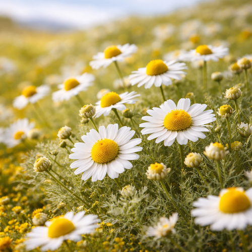 Wild chamomile from Morocco cultivated for commercial essential oil extraction and bulk distribution.