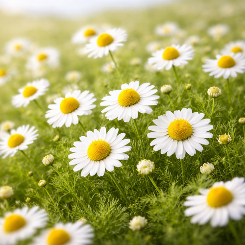 Roman chamomile flowers growing in open fields in France, photographed in natural bloom for botanical sourcing.
