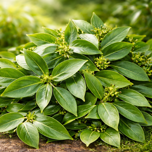 Fresh cinnamon leaves from Sri Lanka shown in their natural growth, selected for large-scale essential oil distillation.