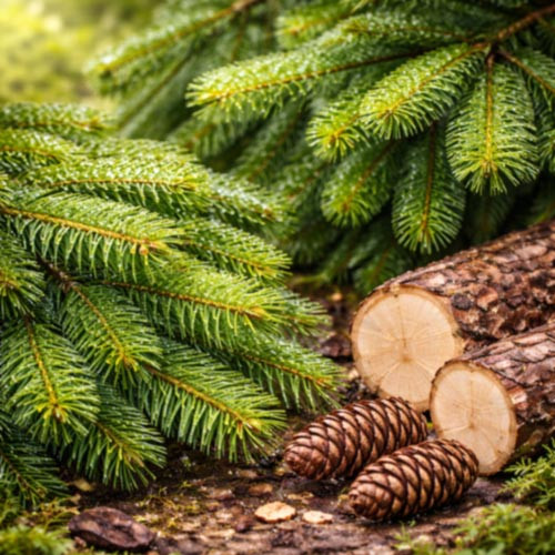 Siberian Fir Needle (Abies sibirica) branches and needles collected from boreal forests, showing the natural plant material used in the production of fir needle essential oil. This image represents fir needle oil supplied by West Coast Aromatics for aromatherapy, respiratory formulations, wellness products, and professional manufacturing, available from small quantities to bulk supply.