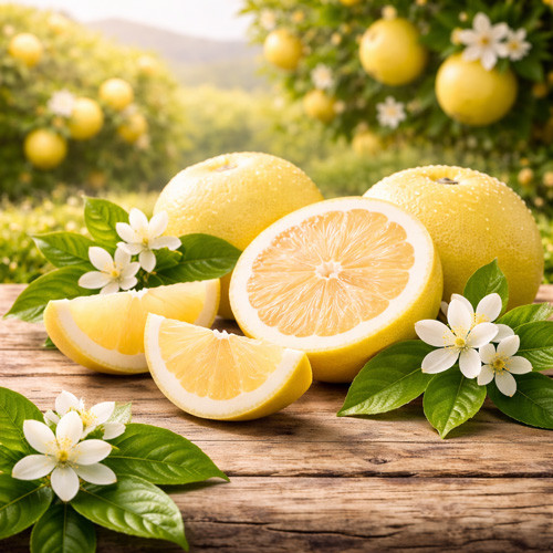 White grapefruit fruit and blossoms (Citrus paradisi), France