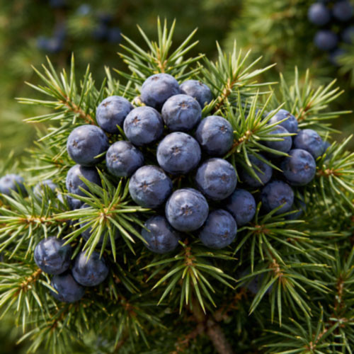 Juniper Berry (Juniperus communis) berries and branches harvested in Bulgaria, showing the aromatic fruit used in the distillation of juniper berry essential oil. This image represents juniper oil supplied by West Coast Aromatics for aromatherapy, fragrance formulation, flavor applications, and professional manufacturing, available from small quantities to bulk supply.