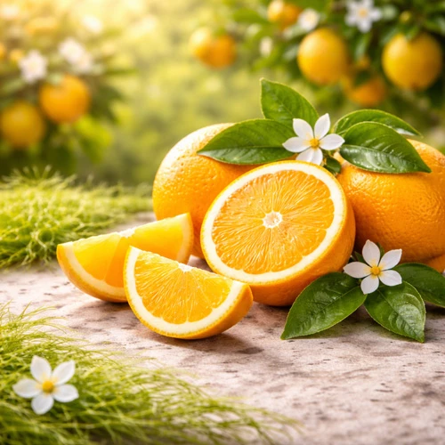 Sweet orange fruit and blossoms (Citrus sinensis)