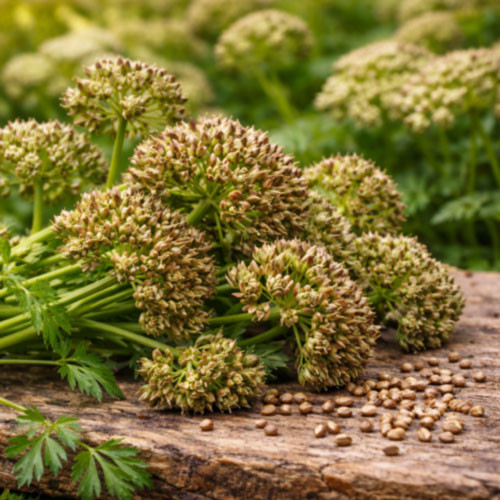 Parsley Seed (Petroselinum crispum) seeds harvested in Egypt, showing the aromatic seed material used in the distillation of parsley seed essential oil. This image represents parsley seed oil supplied by West Coast Aromatics for aromatherapy, fragrance formulation, personal care products, and professional manufacturing, available from small quantities to bulk supply.