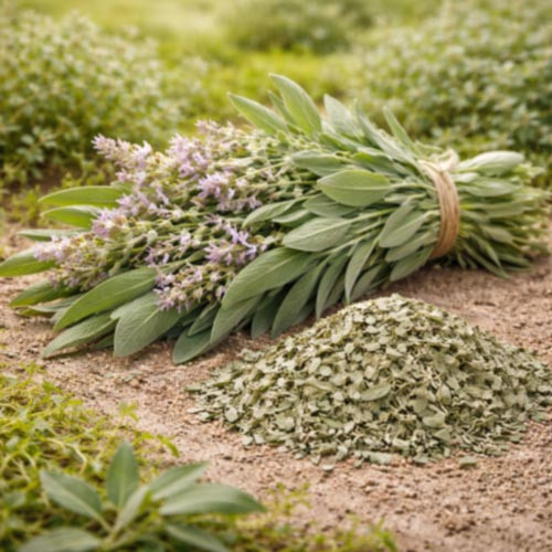 Dalmatian sage (Salvia officinalis) leaves and flowering stems cultivated in coastal Croatia, illustrating the botanical source used to produce sage essential oil. This image represents sage oil supplied by West Coast Aromatics for aromatherapy, herbal blends, fragrance formulations, and professional manufacturing use, available in quantities ranging from small orders to bulk supply.