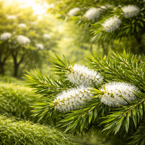Tea tree leaves and blossoms (Melaleuca alternifolia) Australia