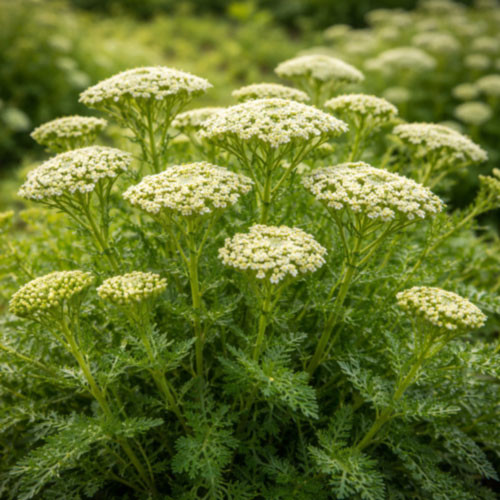 Close up view of a thriving yarrow plant in bloom, showcasing dense clusters of small white flowers held above finely divided green foliage. The image highlights the exact flowering tops harvested for essential oil distillation, emphasizing botanical structure, seasonal growth, and natural agricultural origin without any processing tools or packaging present.