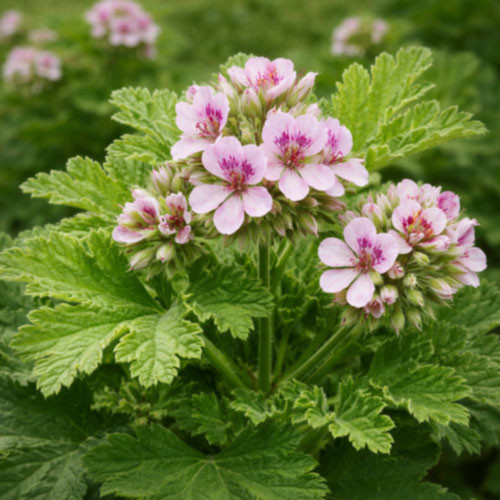 Egyptian Geranium (Pelargonium graveolens) leaves and flowering stems cultivated in Egypt, illustrating the aromatic plant material used in the production of geranium essential oil. This image represents geranium oil supplied by West Coast Aromatics for aromatherapy, fragrance creation, skincare formulations, and professional manufacturing, available in quantities ranging from small orders to bulk supply.