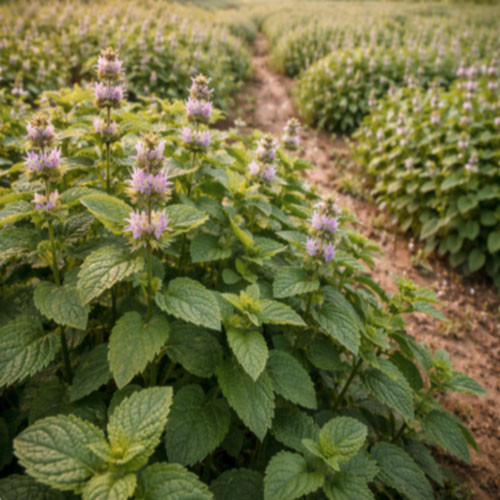 Peppermint Arvensis (Mentha arvensis) leaves cultivated in India, showing the aromatic plant material used in the production of peppermint arvensis essential oil. This image represents peppermint oil supplied by West Coast Aromatics for aromatherapy, cooling formulations, flavor applications, and professional manufacturing, available from small quantities to bulk supply.