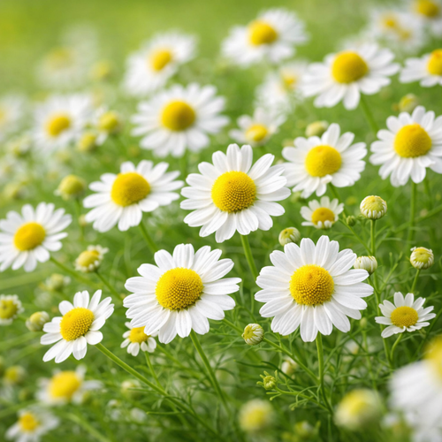 Roman chamomile flowers grown in England, shown in full bloom for botanical and essential oil sourcing.
