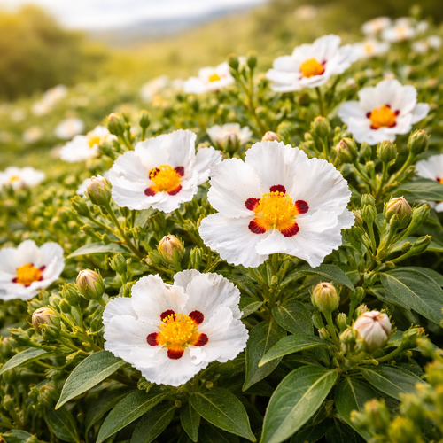 Cistus plants in bloom from Spain, captured in their natural habitat for aromatic extraction.