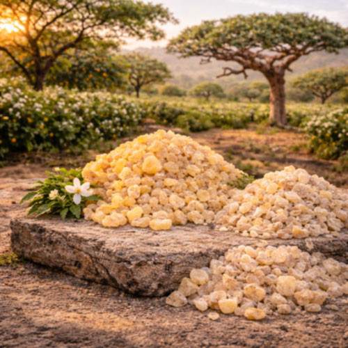 Frankincense Serrata (Boswellia serrata) resin harvested in India, showing the natural aromatic gum used in the distillation of frankincense serrata essential oil. This image represents frankincense oil supplied by West Coast Aromatics for aromatherapy, perfumery, traditional applications, and professional formulation, available in quantities ranging from small orders to bulk supply.