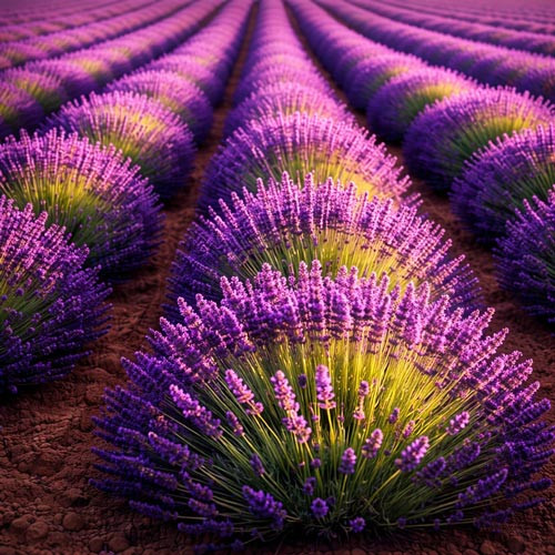 Carefully pruned lavender plants form uniform mounded rows, showcasing dense purple flower spikes emerging from vibrant green foliage. This cultivation style supports even flowering and consistent aromatic quality, allowing lavender to be harvested at optimal bloom for use in essential oils, fragrance applications, and professional aromatherapy formulations.