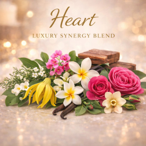An elegant botanical composition featuring soft pink roses, creamy white plumeria blossoms, delicate white florals, flowing yellow petals, fresh green foliage, natural vanilla pods, and warm wooden accents. The arrangement visually expresses the refined, floral-rich, and softly sweet character associated with the Heart Luxury Synergy Blend, emphasizing depth, balance, and sophistication in aromatic blending.