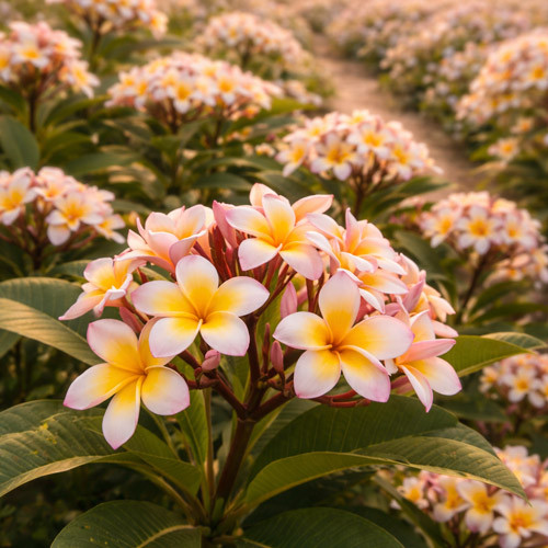 A close-up view of plumeria flowers shows soft pink petals blending into warm yellow centers, growing on a healthy frangipani plant with broad green leaves. The background reveals rows of flowering trees arranged in a cultivated field, slightly out of focus, indicating a managed growing environment during peak bloom.