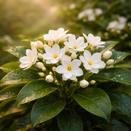 Fresh white jasmine blossoms are shown clustered on a living plant, surrounded by unopened buds and deep green leaves lightly covered with moisture. The flowers appear in soft natural light with a blurred garden background, highlighting the plant’s growth stage just before full harvest.