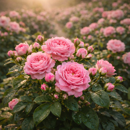 A cluster of soft pink roses is shown growing in an open field, with layered petals, surrounding buds, and dark green foliage lightly coated with morning moisture. The background fades into rows of flowering rose plants, creating depth and highlighting the natural cultivation setting during peak bloom.