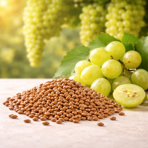 Close up view of raw grapeseed material displayed alongside ripe green grapes, illustrating the botanical origin commonly used for cold-pressed grapeseed oil production. The image emphasizes seed texture, agricultural freshness, and plant-based sourcing without containers, processing tools, or finished oil.