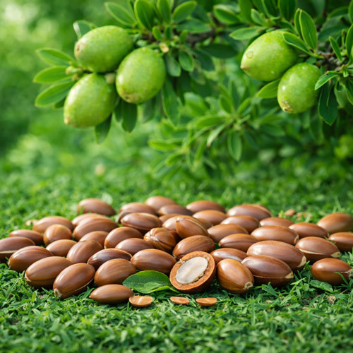 Smooth, brown jojoba seeds are arranged on lush green ground cover, with clusters of unripe jojoba fruit visible on the plant overhead. The scene emphasizes the natural origin of jojoba oil, a liquid wax ester derived from the seed, widely used in skincare, cosmetic formulations, and aromatherapy for its stability, lightweight feel, and skin-compatible properties.