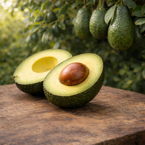 A freshly cut avocado reveals its smooth, pale-green flesh and central seed, set against a natural orchard background. The image highlights the raw fruit traditionally processed to produce avocado oil, valued for its mild aroma, rich texture, and use in cosmetic, culinary, and botanical applications.