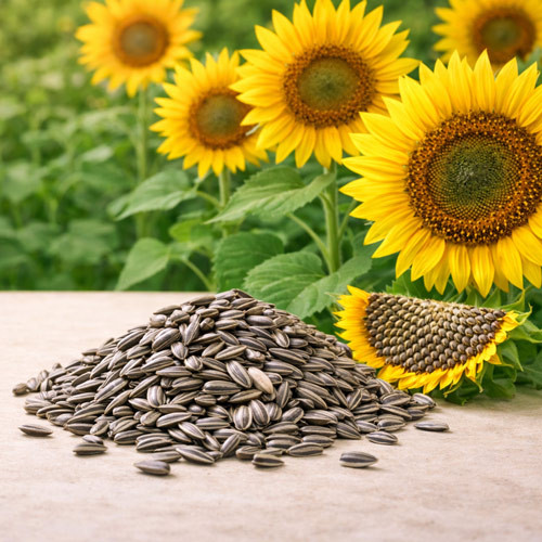 Natural sunflower seeds displayed on a neutral surface with mature sunflower heads and fields in the background, emphasizing the botanical origin and harvest stage commonly associated with sunflower oil production. The composition highlights seed form, plant structure, and agricultural context without showing processed oil or packaging.