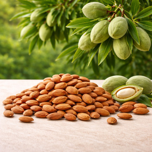 A mound of raw almonds shown alongside unripe almond fruits still attached to leafy branches, highlighting the botanical origin and harvest stage associated with almond oil production. The image emphasizes seed texture, plant growth, and agricultural context without showing refined oil or packaging.
