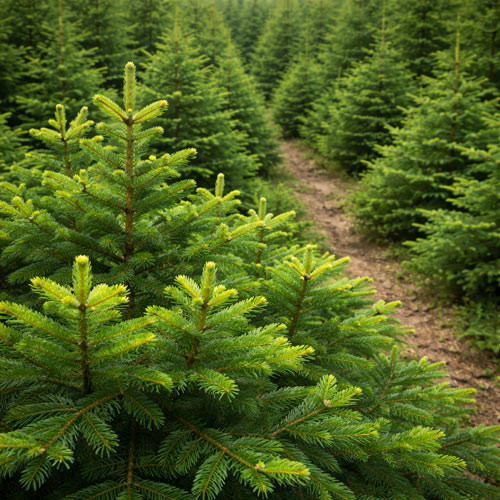 Rows of young fir trees form a lush evergreen landscape, with vibrant green needles and fresh new growth visible along the branches. This image represents the natural botanical source of fir needle essential oil, commonly steam distilled from needles and twigs, and valued for its crisp, forest-fresh aroma used in aromatherapy, personal care, and fragrance formulations.