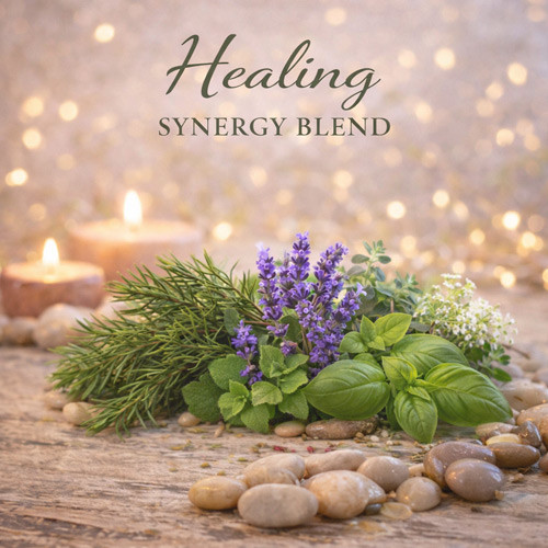 A carefully styled botanical composition represents a Healing Synergy Blend, featuring fresh lavender blossoms, green herbs, and smooth natural stones arranged on a rustic surface. Soft candlelight and a warm, diffused background create a tranquil, restorative mood, highlighting balance, calm, and the art of aromatic blending inspired by nature.