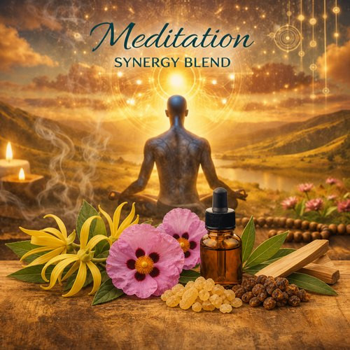 Meditation essential oil synergy blend with ylang-ylang, cistus, frankincense, myrrh and New Caledonian sandalwood
