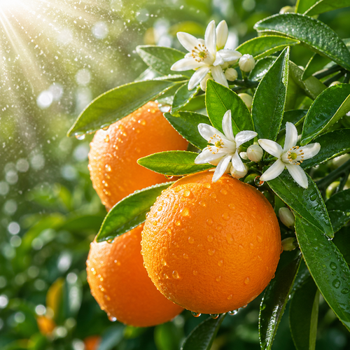 Petitgrain Floral Water hydrosol orange citrus fruit with white blossoms and green leaves fresh botanical for skincare toner aromatherapy and spa use