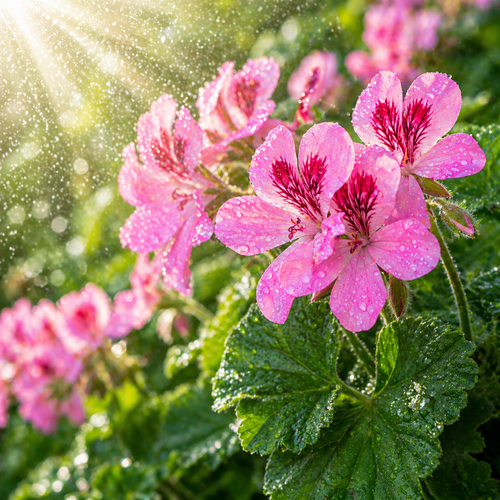 Rose Geranium Floral Water hydrosol fresh pink geranium flowers with green leaves natural botanical for skincare toner facial mist aromatherapy and spa use.