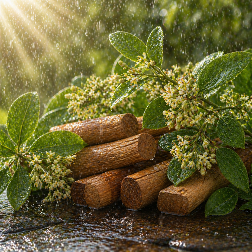 Sandalwood and green leaves representing Sandalwood Floral Water.