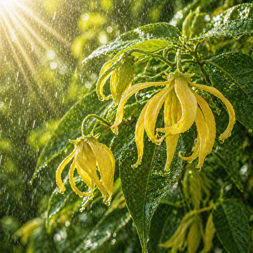 Ylang-Ylang Floral Water hydrosol fresh yellow ylang ylang flowers with dew and light rain tropical botanical for skincare toner aromatherapy and spa use.