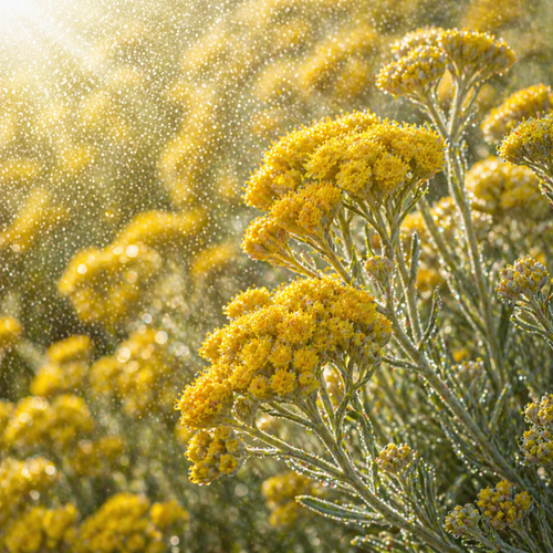 Helichrysum Floral Water hydrosol with golden yellow helichrysum flowers covered in fresh dew and soft mist, glowing in warm sunlight, representing pure floral water for skincare toner, aromatherapy, and spa formulations.