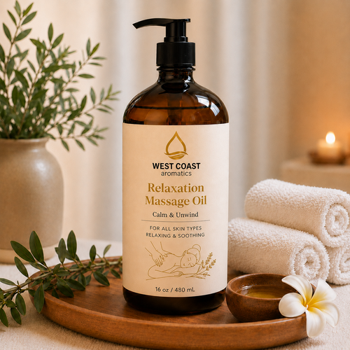 Relaxation Massage Oil in 16 oz amber pump bottle with elegant spa-inspired label, displayed on a wooden tray with rolled towels, botanical accents, candlelight, and massage oil in a calming wellness spa setting.