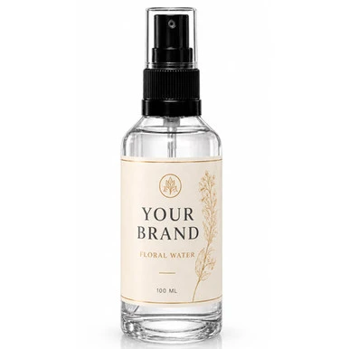 Private label blended floral water in a 100 ml glass spray bottle