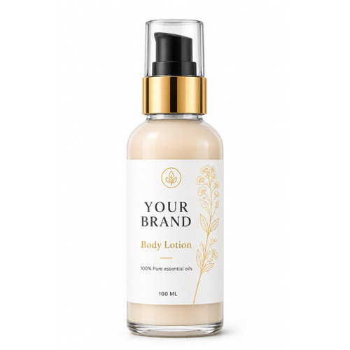 Luxury private-label body lotion in a clear 100 mL bottle with a black pump, polished gold collar, elegant botanical label, and white background.