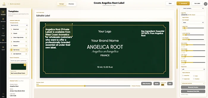 West Coast Aromatics online label maker preview