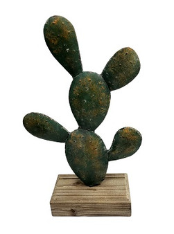 Cactus Sculpture on Wood Block Base
