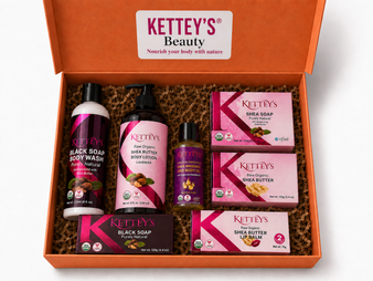 Kettey’s Father’s Day Bundle gift box featuring Black Soap Body Wash, Shea Butter Body Lotion Lavender, Shea Massage & Body Oil, Shea Soap, Raw Organic Shea Butter, Shea Butter Lip Balm, and Black Soap in a premium orange gift box.