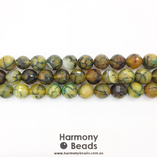Spider Vein Agate Faceted Round Beads, Lime Yellow, Natural, 10mm