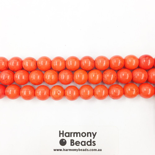 Howlite Smooth Round Beads, Orange Dyed, 10mm