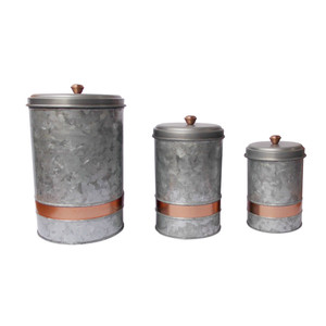 Galvanized Metal Lidded Canister With Copper Band, Set of Three, Gray Galvanized Metal Lidded Canister With Copper Band, Set of Three, Gray