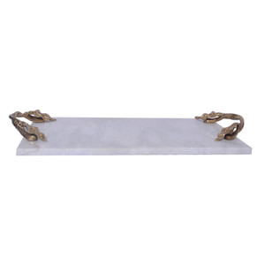 DunaWestDecor Tray with Marble Frame and Carved Metal Handles, White and Gold DunaWestDecor Tray with Marble Frame and Carved Metal Handles, White and Gold