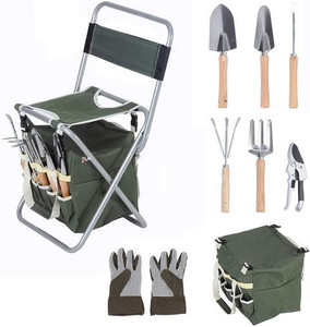 Bosonshop 9 PCS Garden Tools Set Ergonomic Wooden Handle Sturdy Stool with Detachable Tool Kit Perfect for Different Kinds of Gardening Bosonshop 9 PCS Garden Tools Set Ergonomic Wooden Handle Sturdy Stool with Detachable Tool Kit Perfect for Different Kinds of Gardening