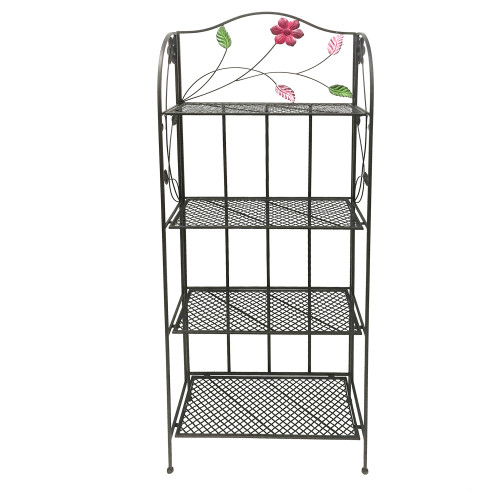Four Tier Metal Foldable Bakers Rack with Flower Motifs, Black