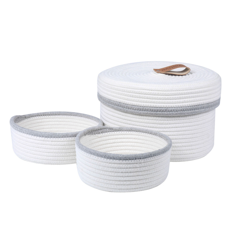 White Woven Cotton Rope Basket with Lid, 3 Pieces Decorative Toy Storage Baskets Shelf Basket White Woven Cotton Rope Basket with Lid, 3 Pieces Decorative Toy Storage Baskets Shelf Basket